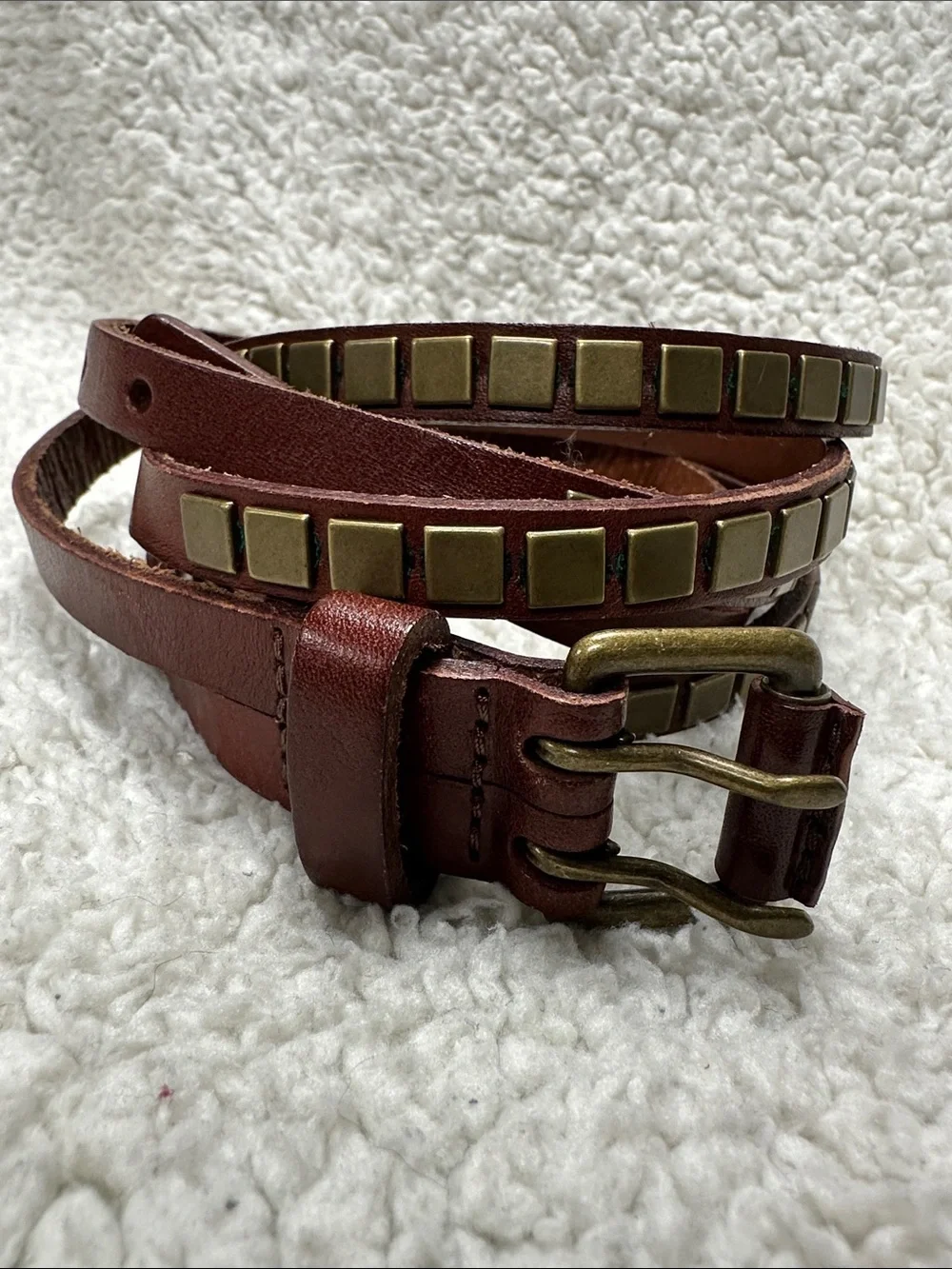 Slim  Double Belt & Buckle Faux Studded Vegan Leather Boho Goth Funky Belt